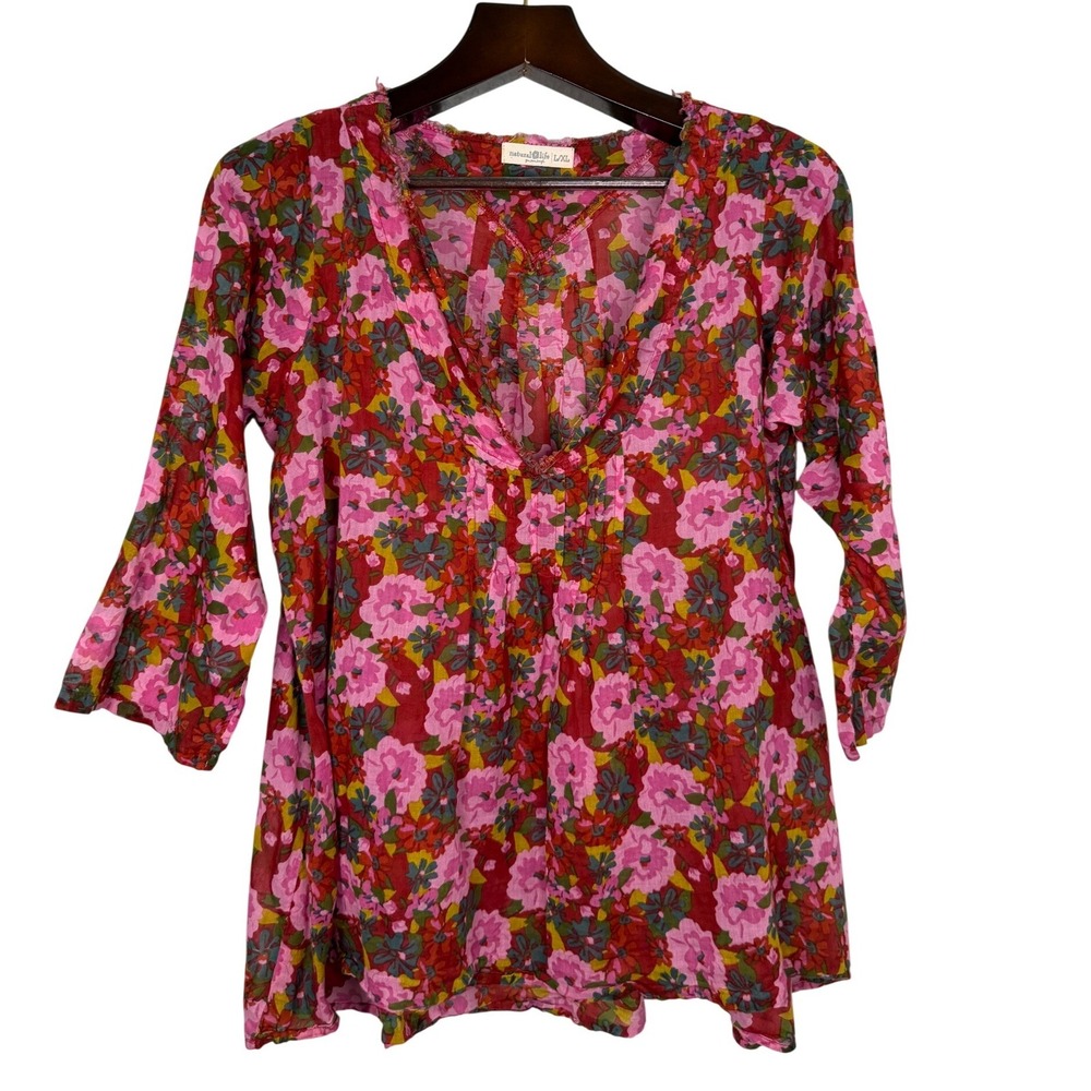 Natural Life Womens Floral Cotton Gauze V-Neck Tunic Top Pink Red L/XL